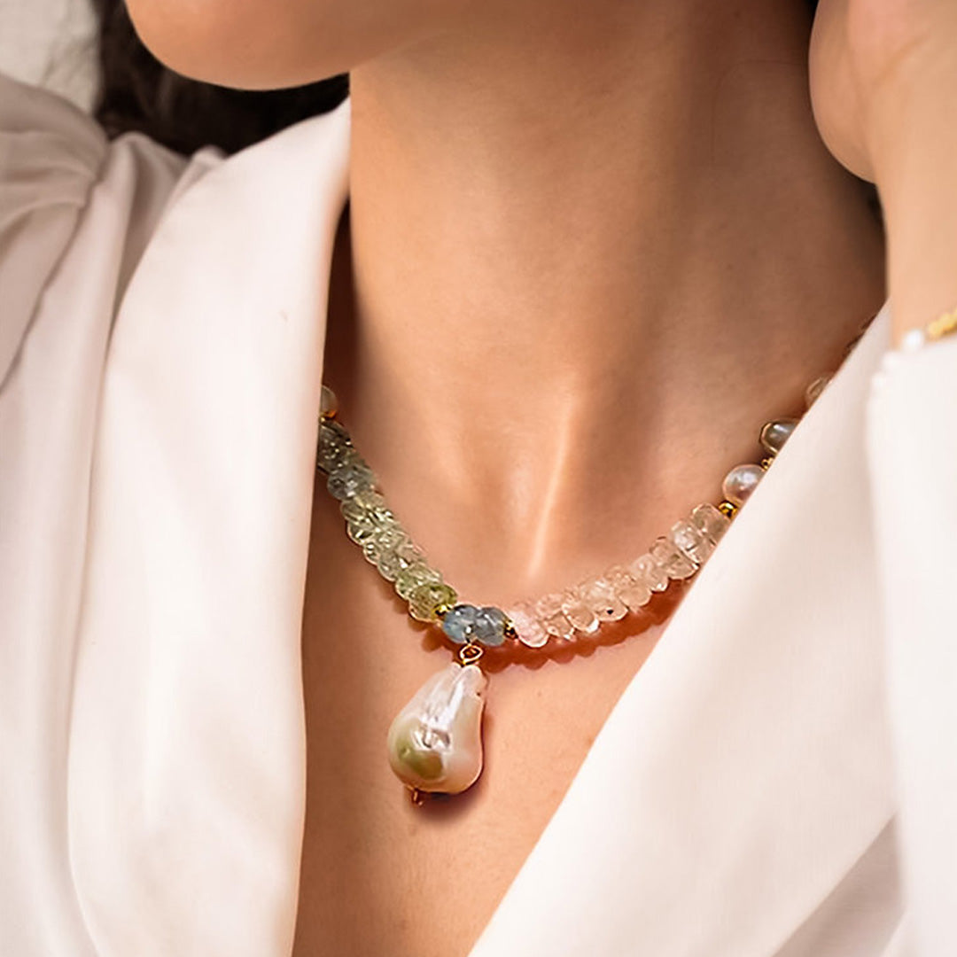 Aquamarine, morganite & pearl necklace