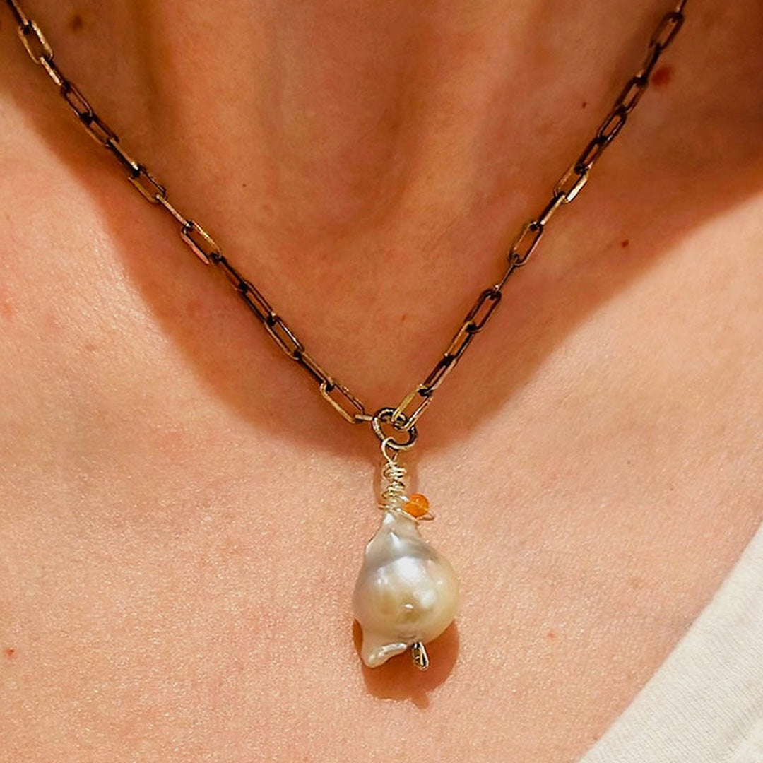 Baroque pearl + pink opal pendant necklace