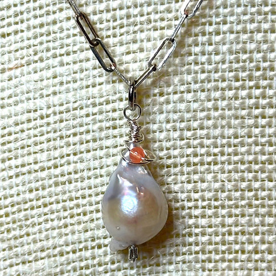 Baroque pearl + pink opal pendant necklace