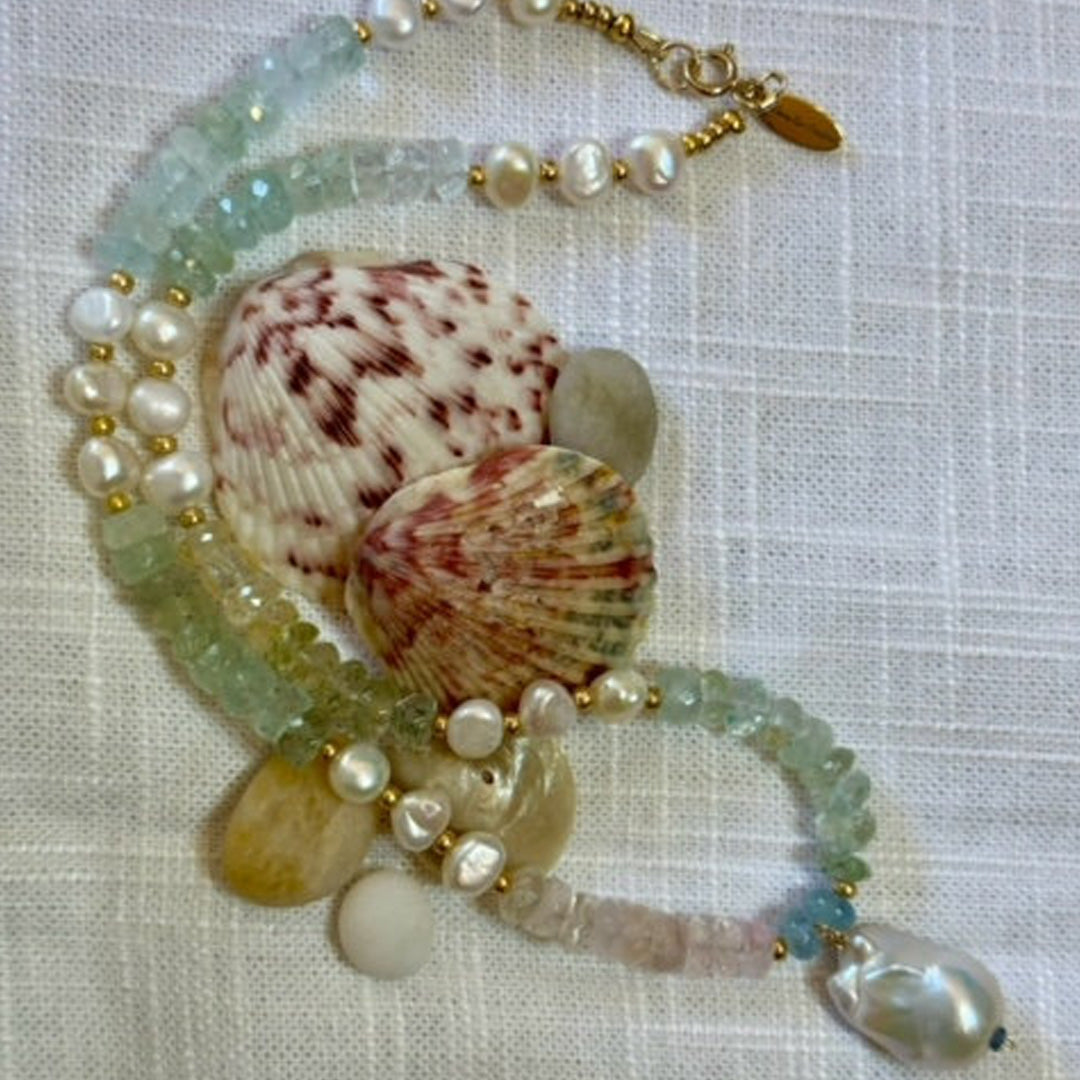Aquamarine, morganite & pearl necklace